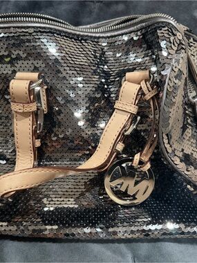 Michael Kors Silver Sequin Shoulder Bag with Beige Straps